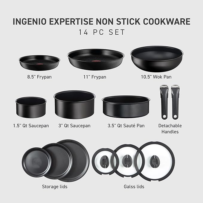 T-fal Ingenio Expertise Non Stick Cookware Set 14 Piece, Induction Oven Broiler - Image 2