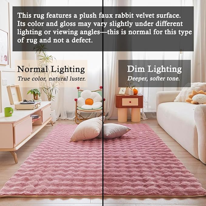 Pink Rabbit Plush Rug 5'x8', Fluffy Faux Fur Shaggy Area Rug - Image 3
