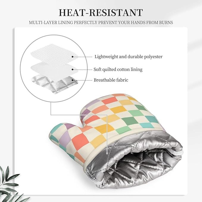 Vintage Checkered Silicone Oven Mitts Pan Mats Set of 2, Heat Resistant Gloves - Image 4