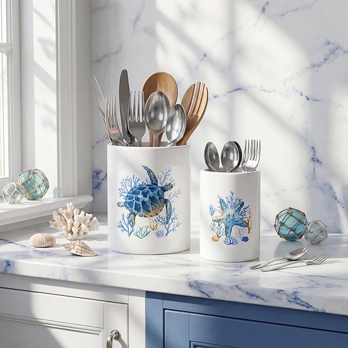 Bokon 2 Pack Ceramic Utensil Holder 6.3" + 5.1" Ocean Theme Coastal Kitchen - Image 6