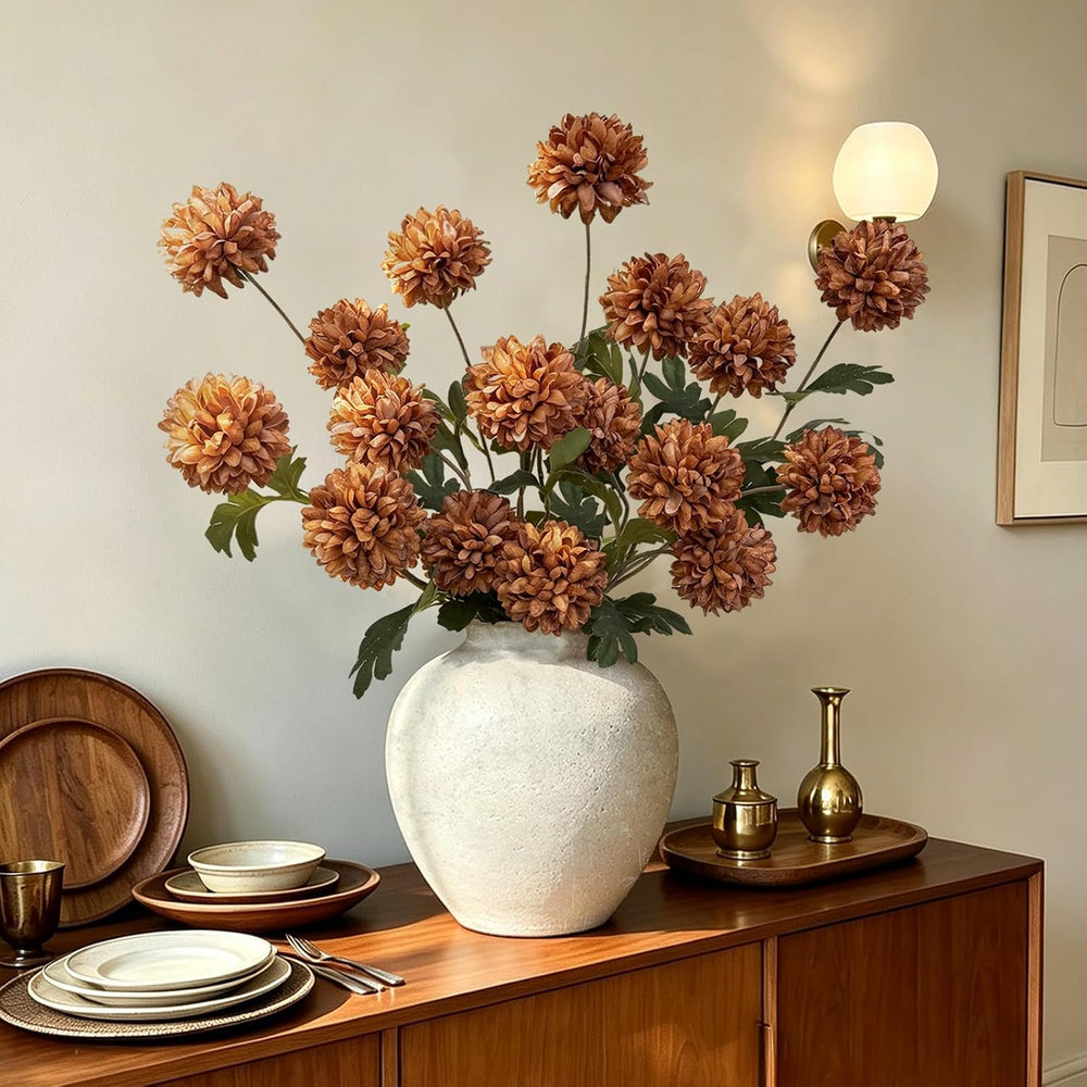 6 Pcs Fake Pompon Mums Artificial Flowers for Vase Filler 27Inch (Caramel)