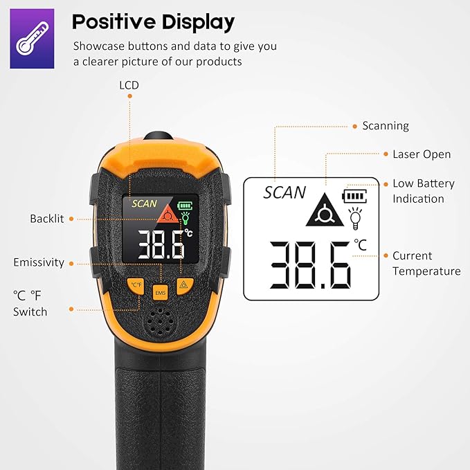 Infrared Thermometer Non-Contact Digital Laser Temperature Gun -58℉～1112℉ - Image 2