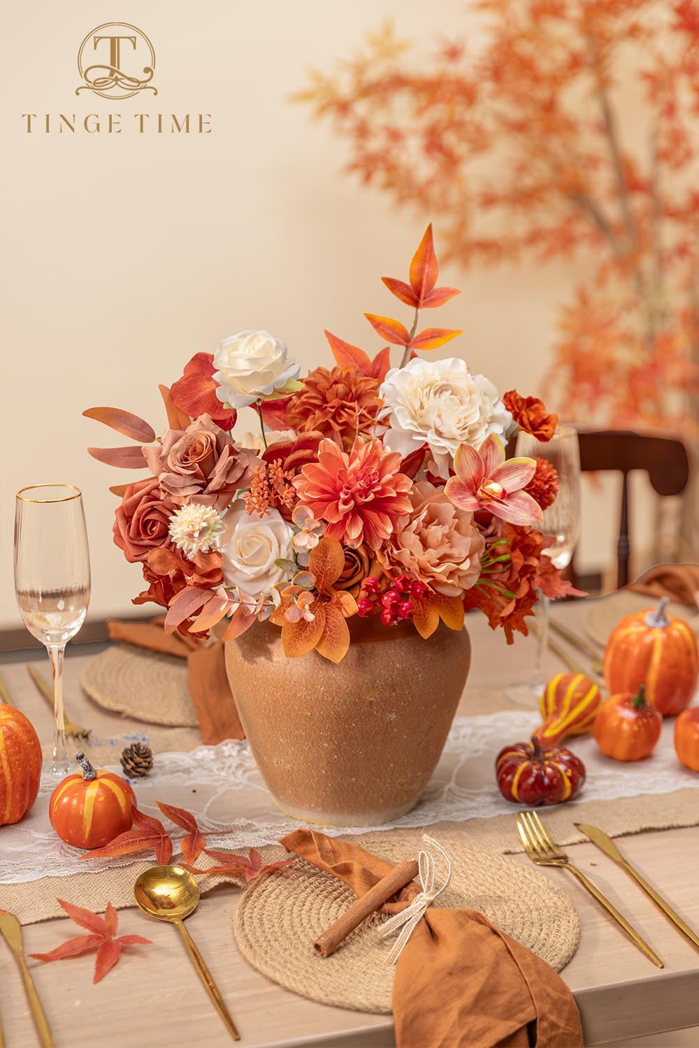 TINGE TIME Fall Wedding Artificial Flowers Combo, Orange & Cream Roses