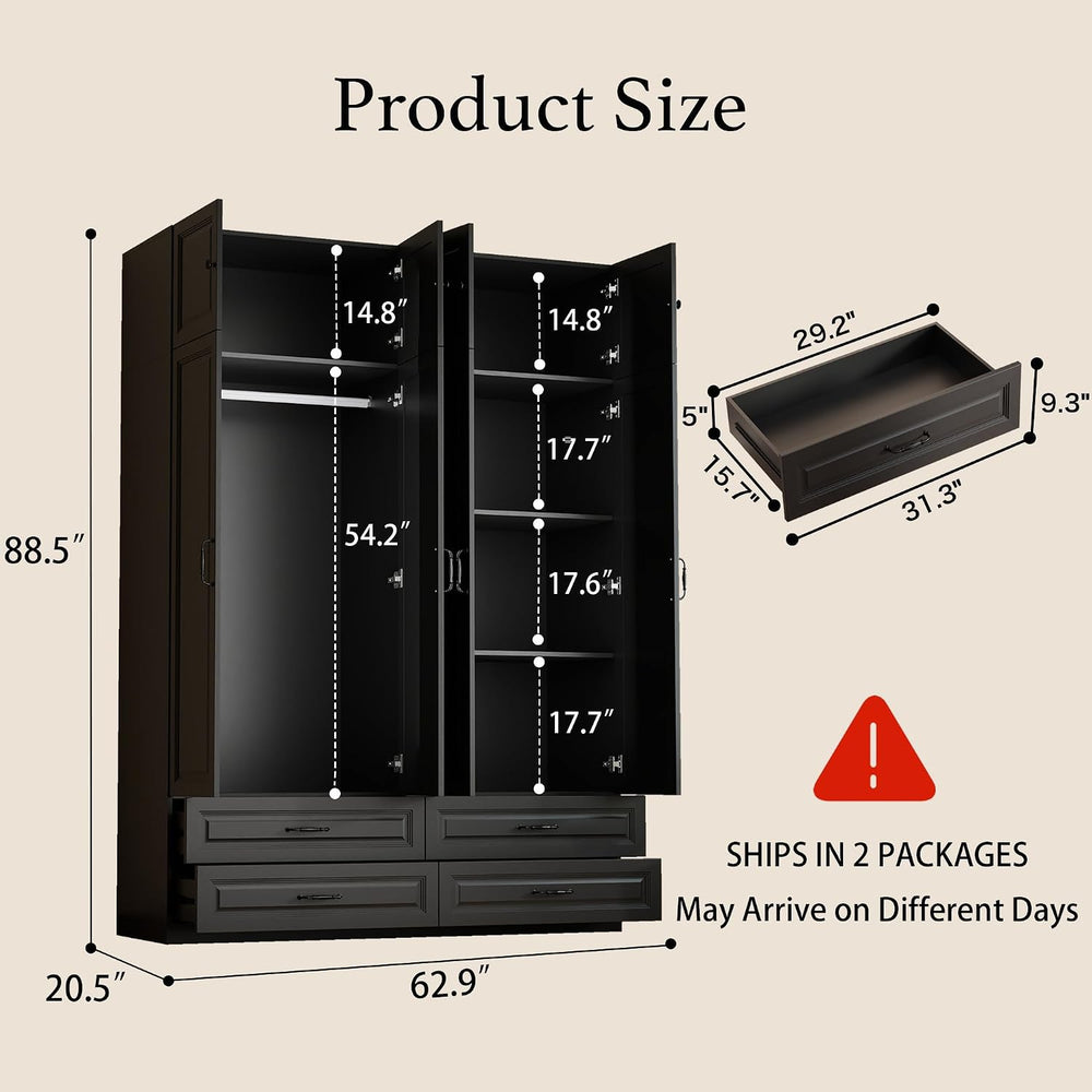 Black Armoires Wardrobe Closet with 4 Drawers and 4 Doors: 88" H