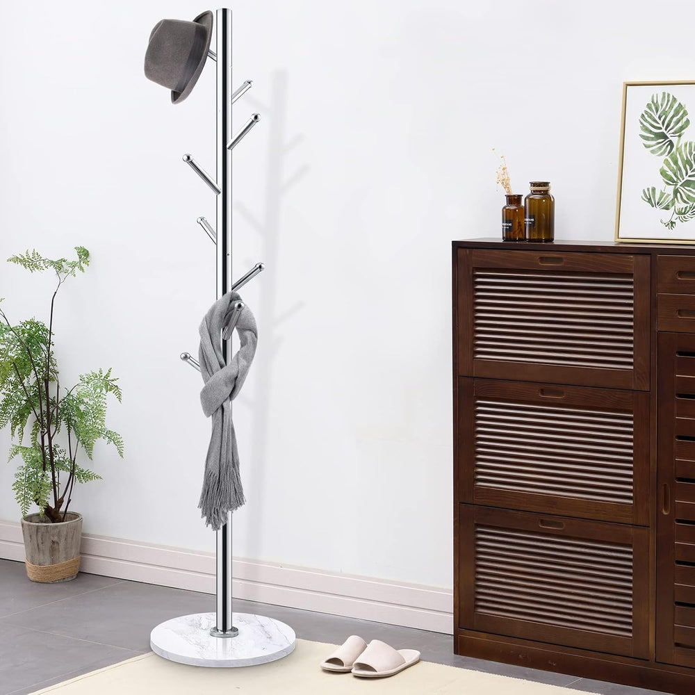 Homde Metal Coat Rack Stand: Natural Marble Base with 8 Hooks (Silver) | Stai...