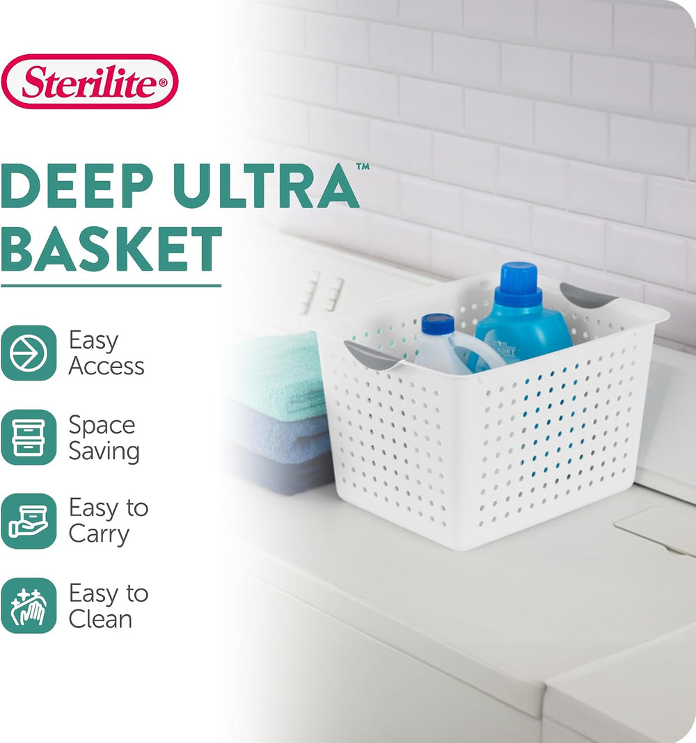 Sterilite 12 Pack Large Deep Ultra Plastic Storage Basket Laundry Tote