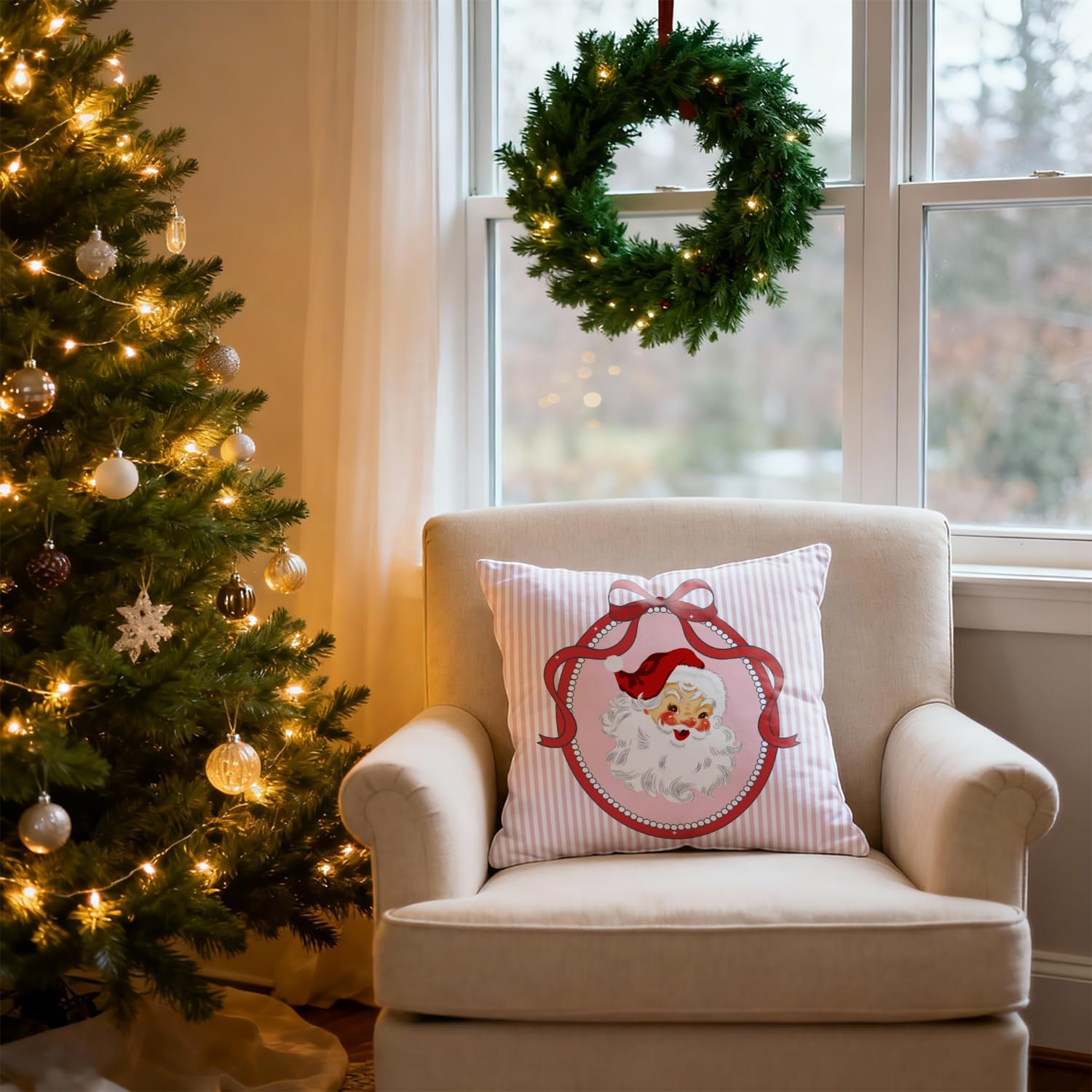 Coquette Red Bow Christmas Santa Pillow Covers 18x18, Preppy Christmas Decor, Girly Xmas Santa Claus Pink Striped Decorative Throw Pillow Covers for Girls Dorm Room Apartment