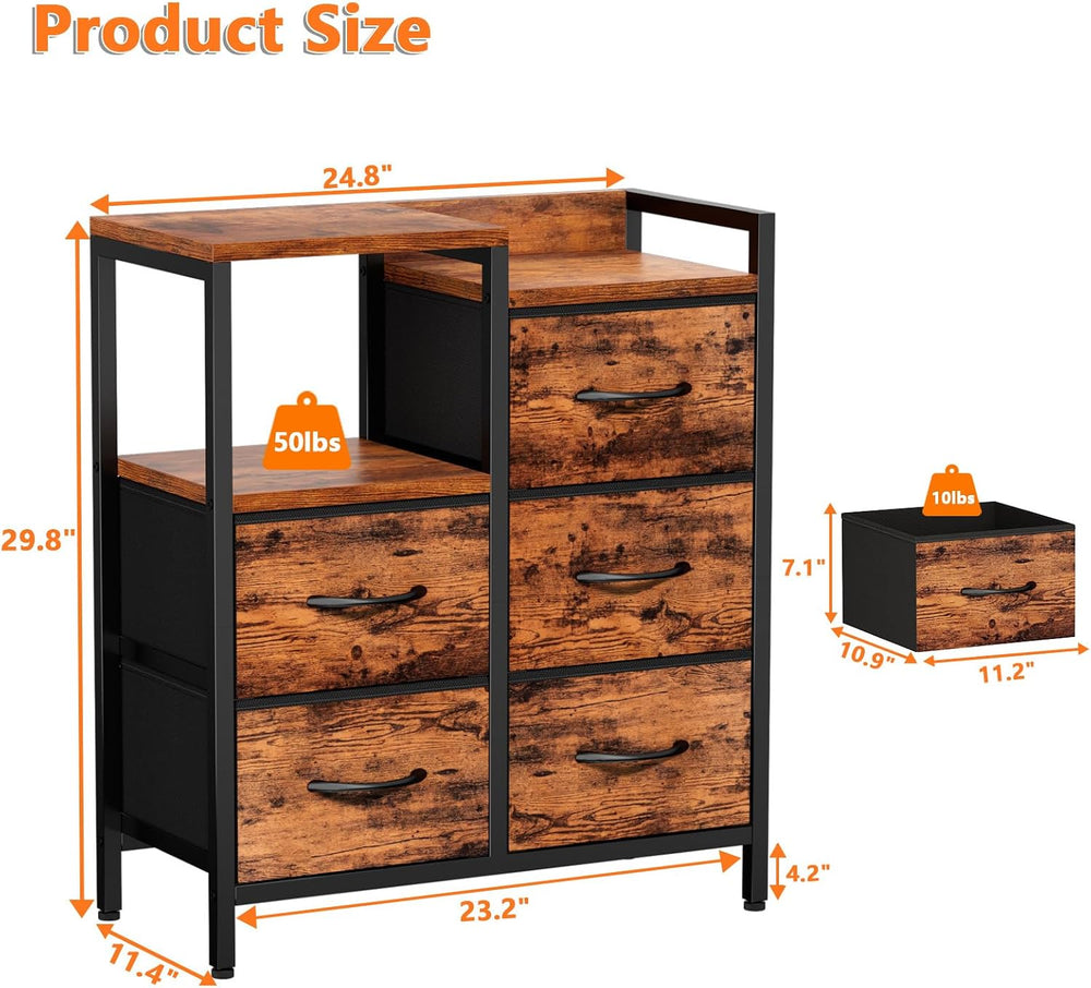Rustic Brown Dressers for Bedroom, 5 Drawer Dresser for Closet