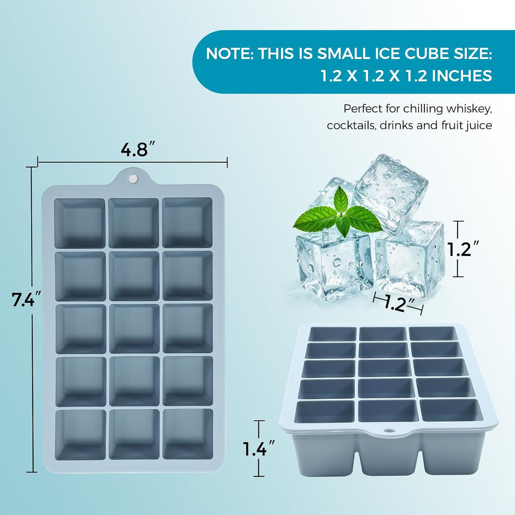 Silicone Ice Cube Trays with Lids(2Pack,Blue+Green) | 15-Cavity Ice Tray Set for Freezer, Easy-Release BPA-free Ice Cube Mold for Whiskey, Coffee, Cocktails and More