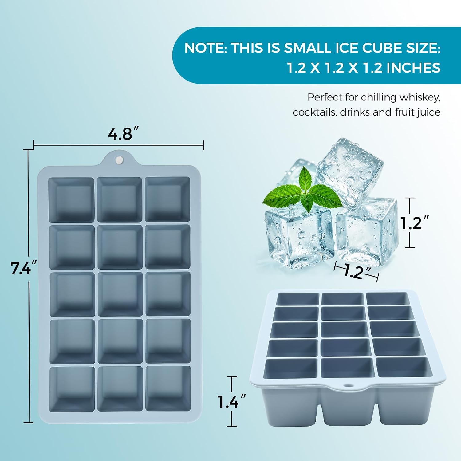 Silicone Ice Cube Trays with Lids(2Pack,Blue+Green) | 15-Cavity Ice Tray Set for Freezer, Easy-Release BPA-free Ice Cube Mold for Whiskey, Coffee, Cocktails and More