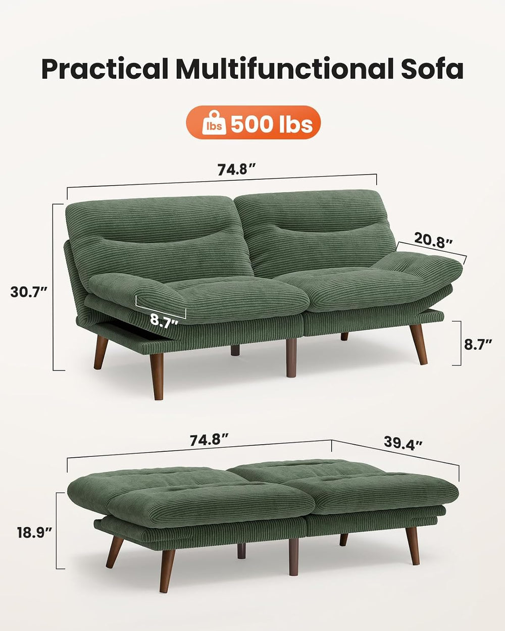 Amada 75 inch 3-in-1 Convertible Futon Sofa Bed, Green