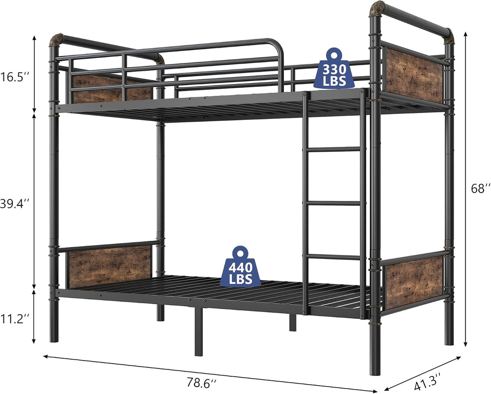 Jocoevol Metal Bunk Bed Twin Over Twin, Industrial Bunkbeds Heavy Duty Bed wi...