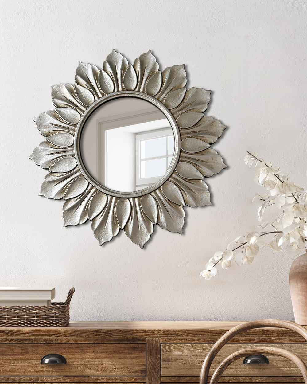 Sunflower Sunburst Wall Mirror, 22" Distressed Silver Wooden Frame