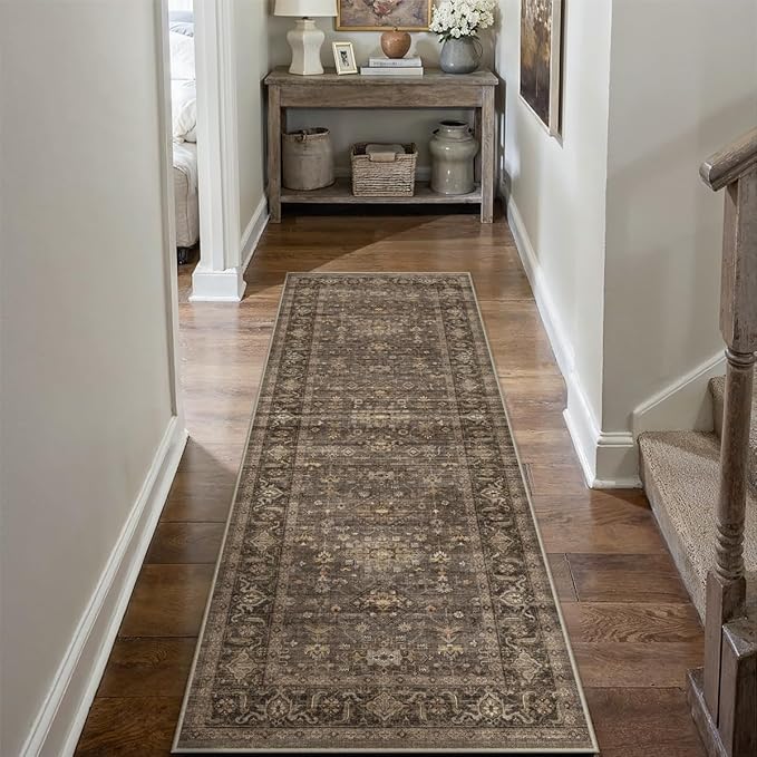 2x12 Washable Runner Rug for Hallway Kitchen Vintage Brown Non Slip Low Pile - Image 3