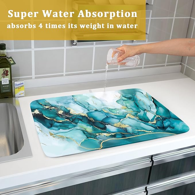 Giwawa Teal Marble Dish Drying Mat Turquoise Blue Marbling Print Dish Drainer - Image 7