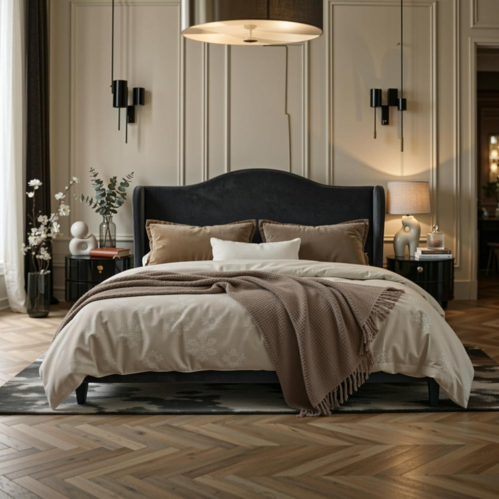 Allewie Full Size Bed Frame, Plush Velvet Wingback, Modern Style, Black