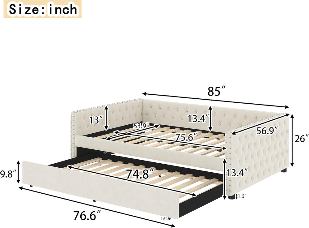 Full Size Upholstered Daybed, Tufted Sofa Bed Frame with Trundle, Corner Day ...