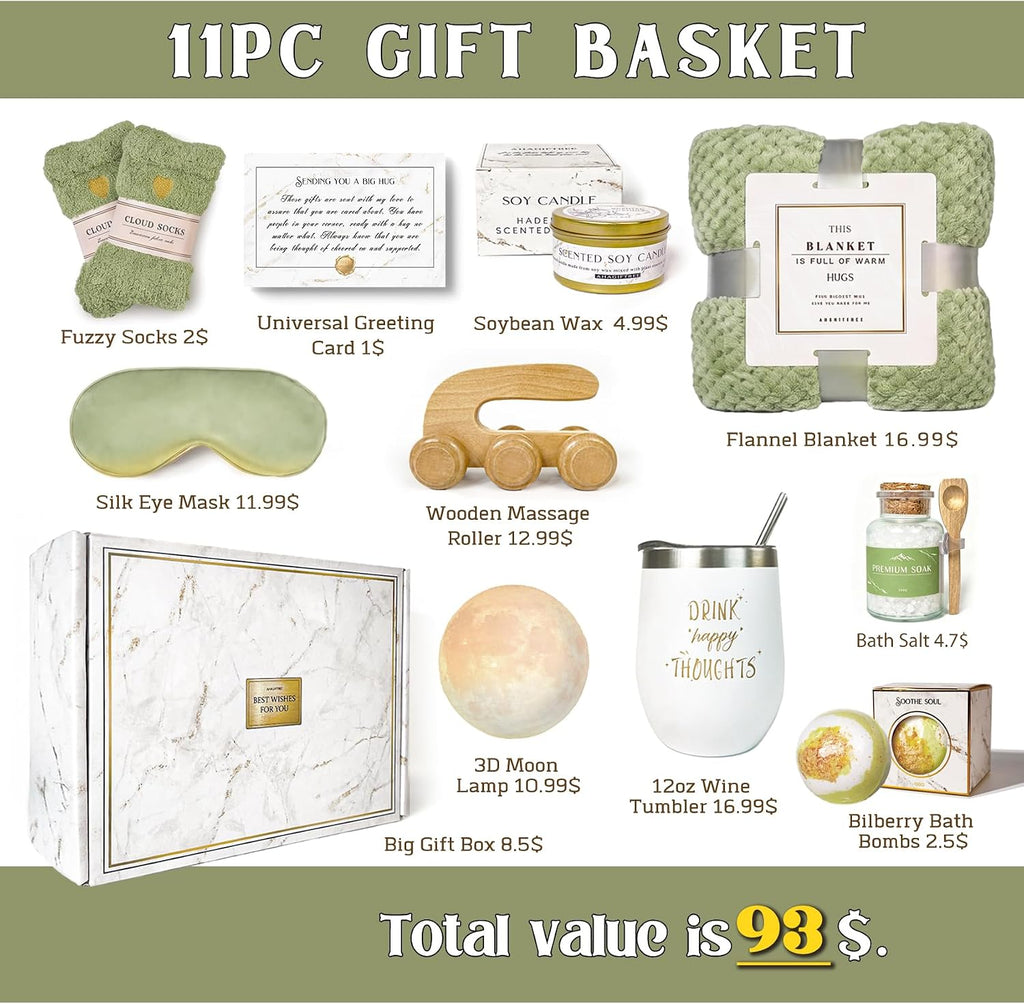AHAGIFTREE Gift Baskets for Women,11PC Care Package with Moon Lamp,Grief,Get Well Soon After Surgery,Birthday,Think of You,Thank You,Sympathy (green)