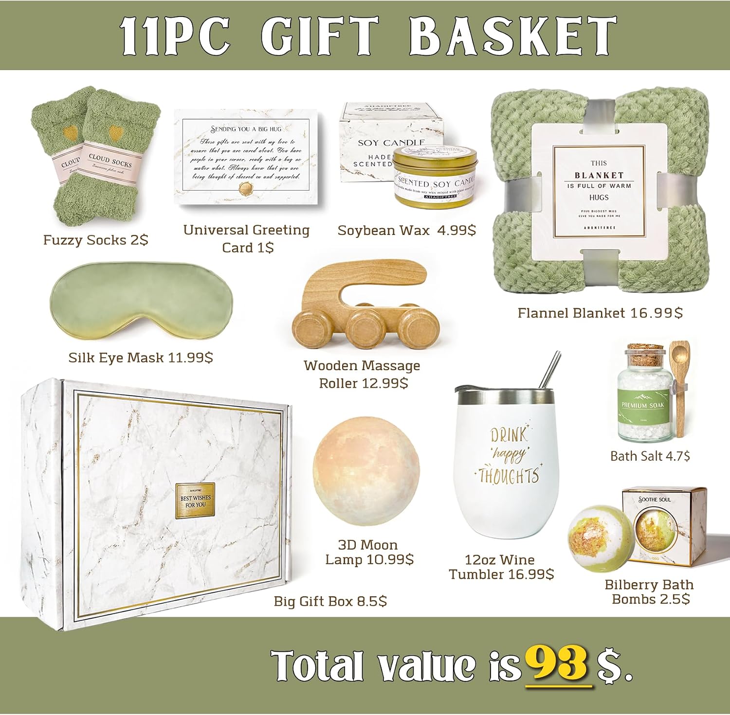 AHAGIFTREE Gift Baskets for Women,11PC Care Package with Moon Lamp,Grief,Get Well Soon After Surgery,Birthday,Think of You,Thank You,Sympathy (green)