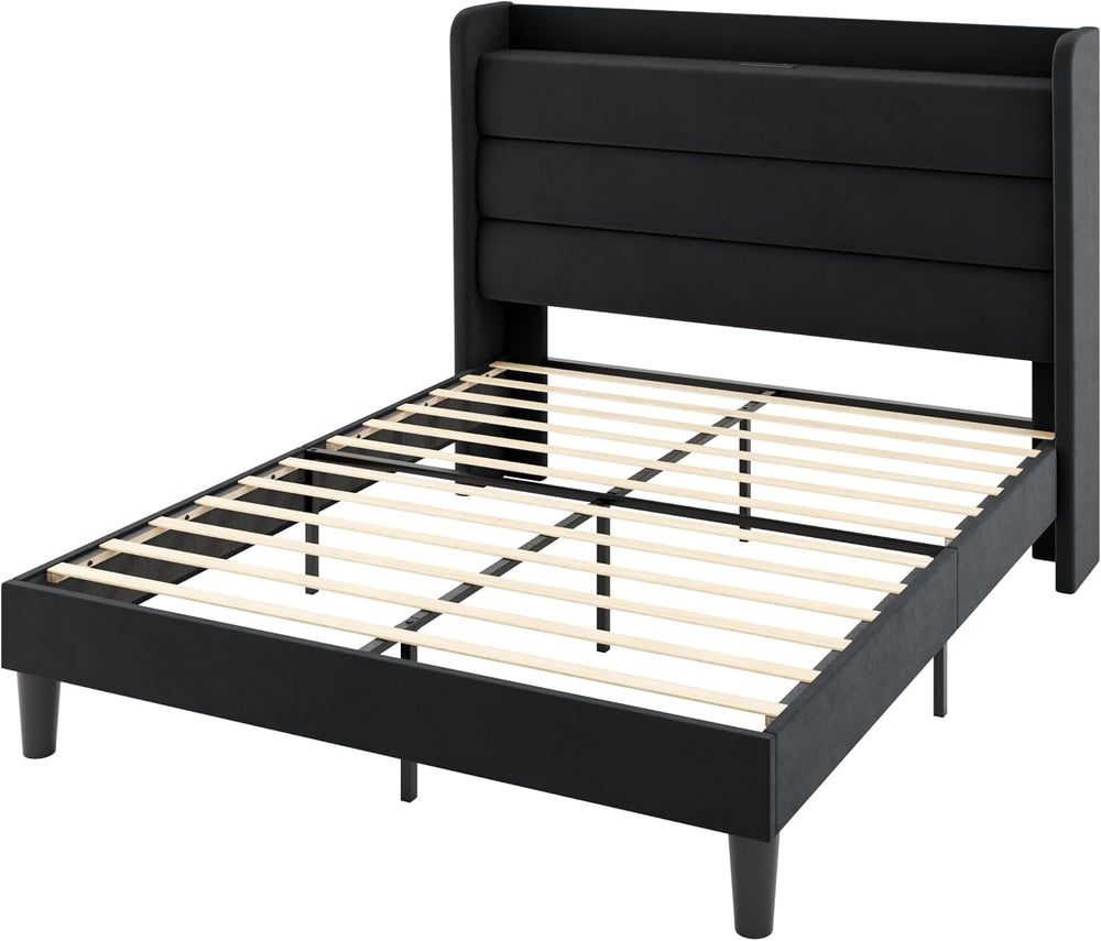 Allewie Full Size Upholstered Bed Frame with Charging Station, Black