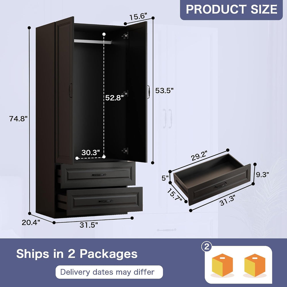 Black Wardrobe Closet with 2 Drawers and 2 Doors, 75" H x 32" W