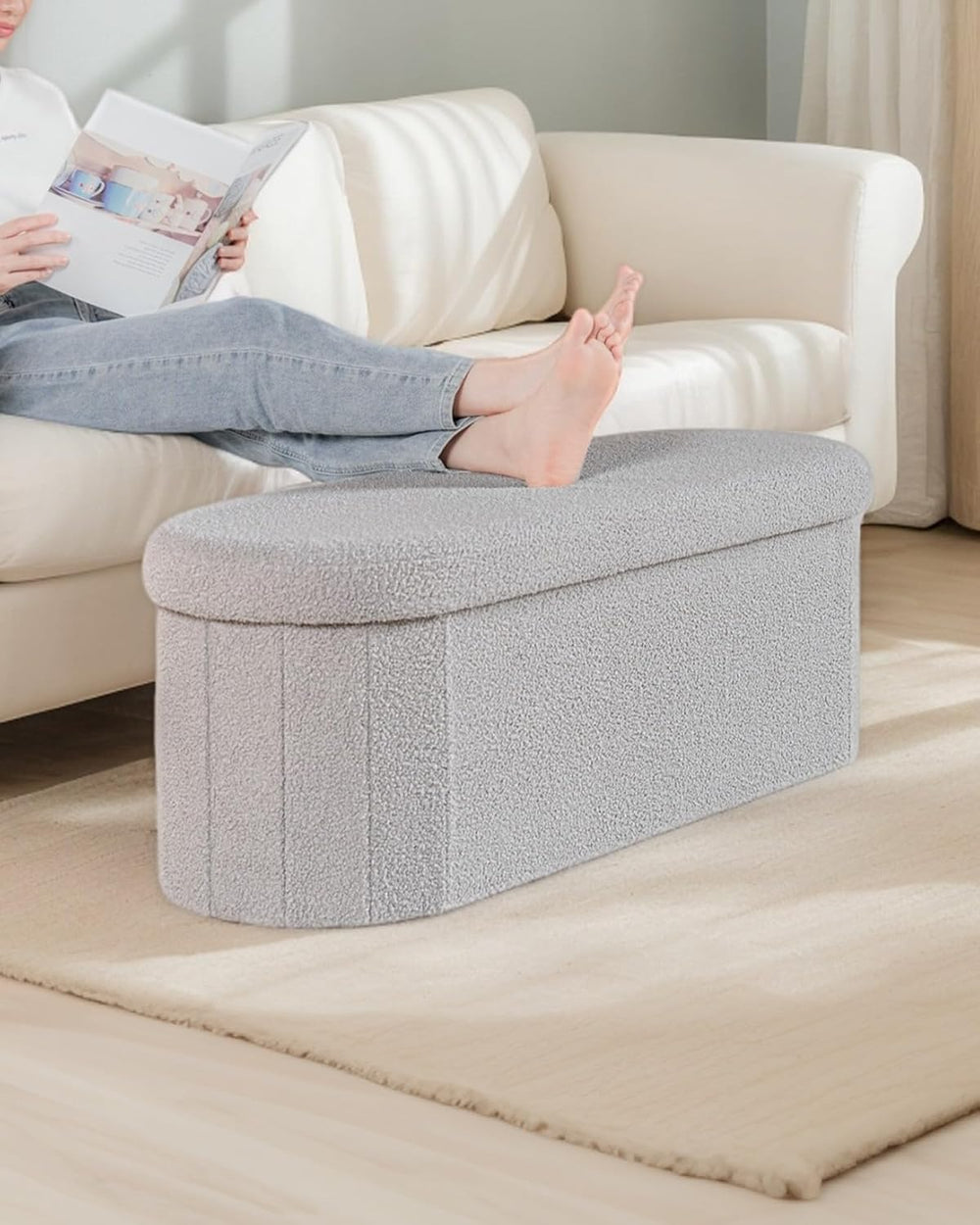 43.3 Inches Foldable Storage Ottoman Bench, Oval Footrest
