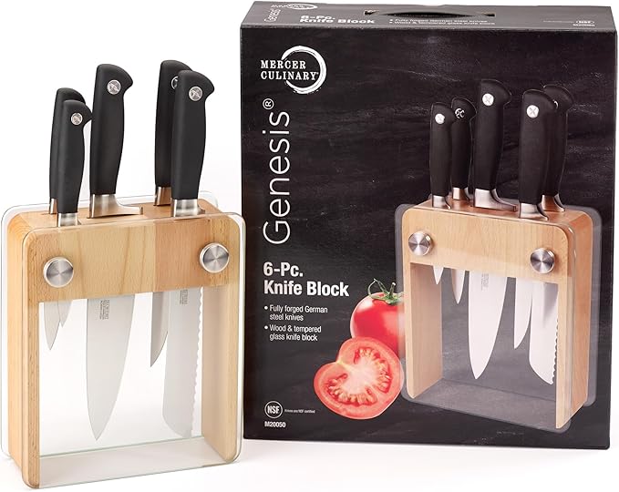 Mercer Culinary M20050 Genesis 6-Piece Wood / Glass Knife Block Set - Image 4