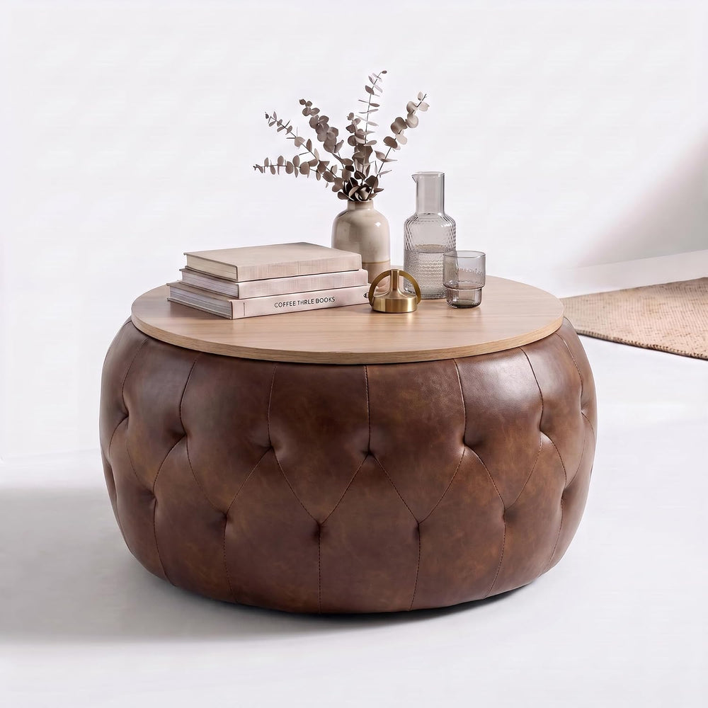 Round Ottoman with Storage, 25 Inches Wooden Top Coffee Table for Living Room...
