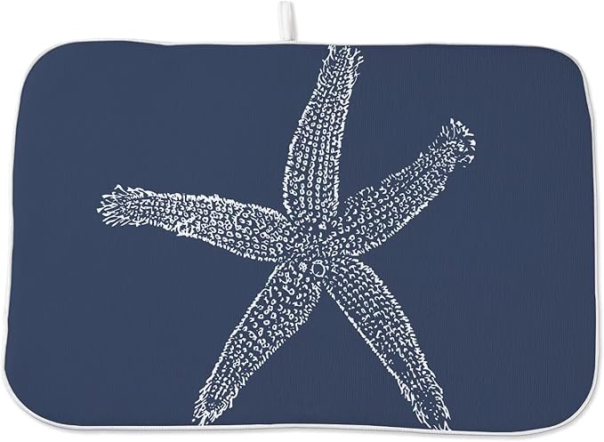 Coastal Beach Dish Drying Mat 18 x 24 inch, Summer Navy Blue Starfish by AEIOAE