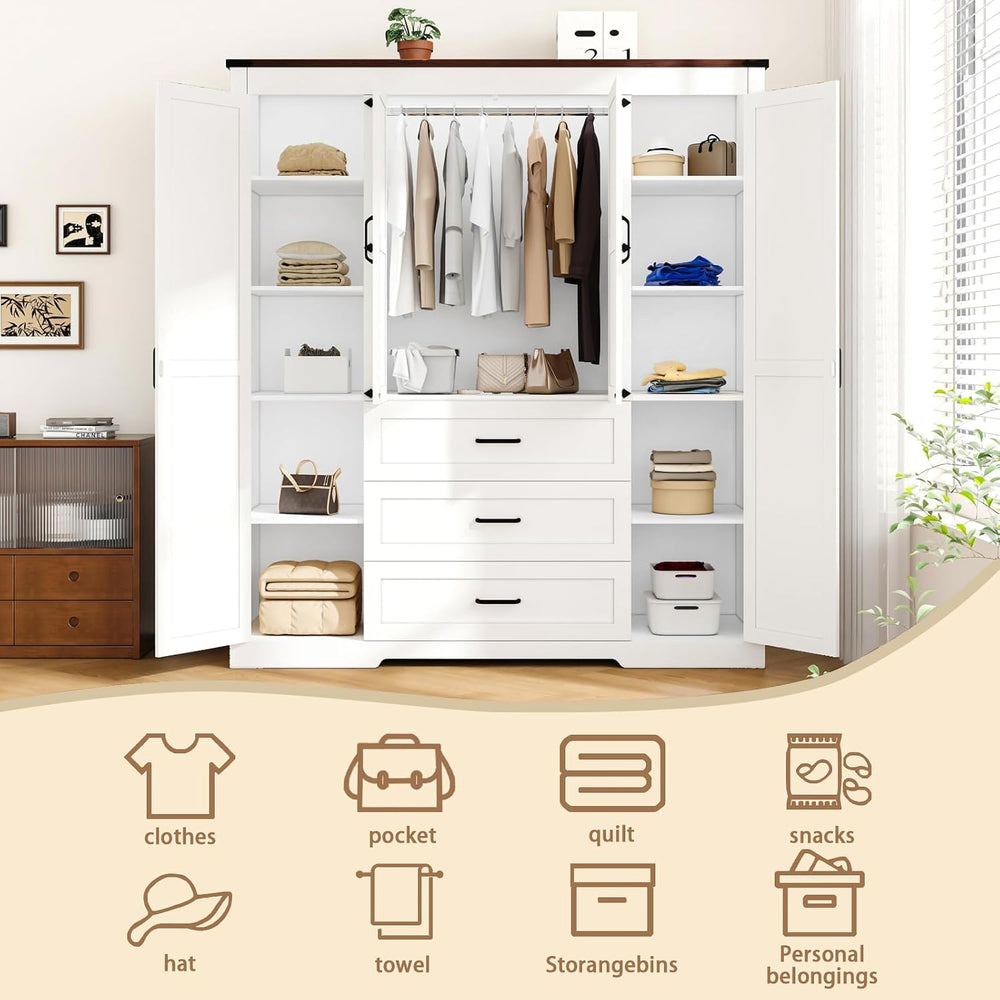 70" Tall Armoire Wardrobe Closet with 4 Doors & 3 Drawers, Farmhouse...