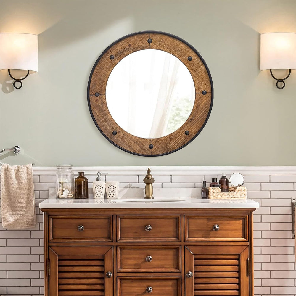 Rustic Round Wall Mirror 24 Inch, Natural Wood Frame with Black Metal Trim, I...
