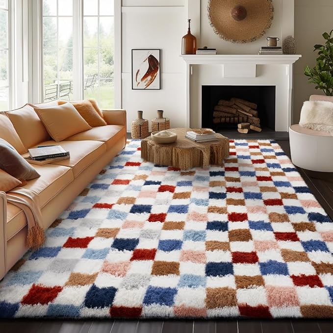 Ophanie Checkered Rainbow Rug for Living Room Bedroom, Colorful Fluffy Soft - Image 3