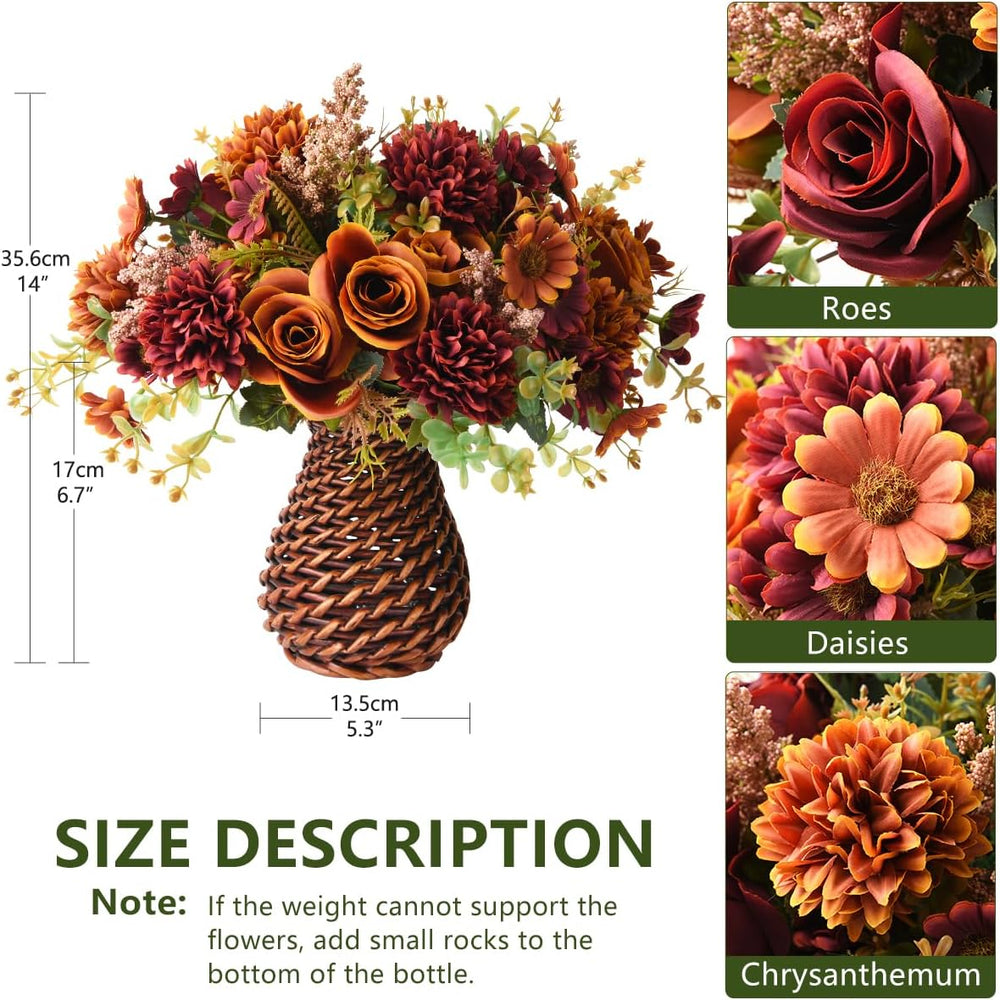 Fall Artificial Faux Flowers in Vase Fake Silk Rose Bouquets Indoor Decor
