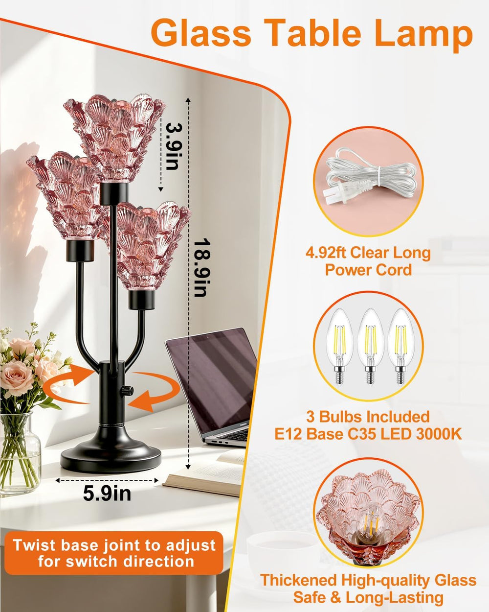 Mid Century Modern Table Lamp Dimmable Vintage Pink Glass Lamp