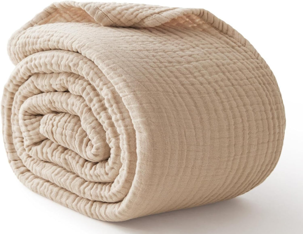 100% Cotton Muslin Blanket for Adults, 6-Layer, King, 108 x 90, Beige Linen