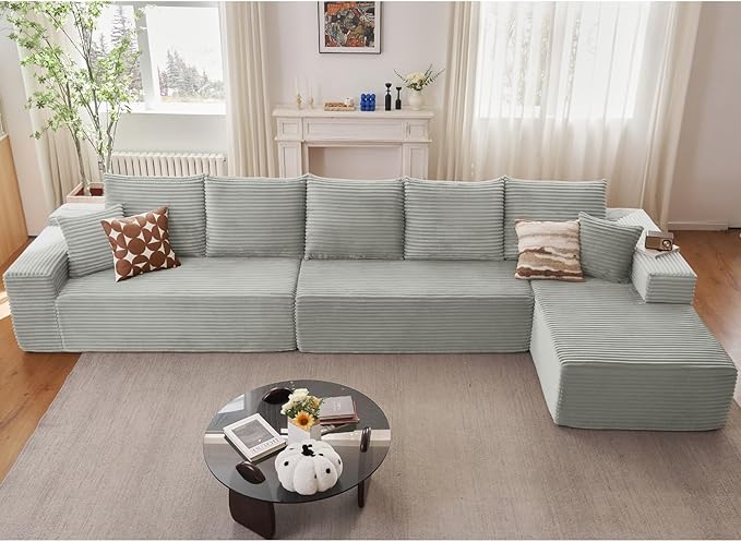 166.9" Cloud Sectional Couch with L-Shape Chaise, Upholstered Corduroy C...