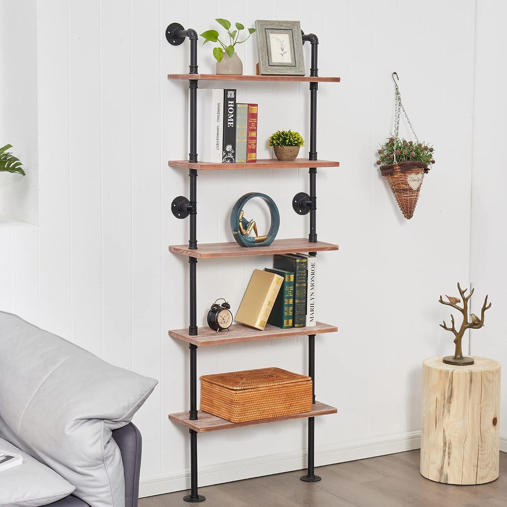 5 Tier Industrial Ladder Bookshelf, Wall Mounted Wood Metal Rustic Pipe Shelv...