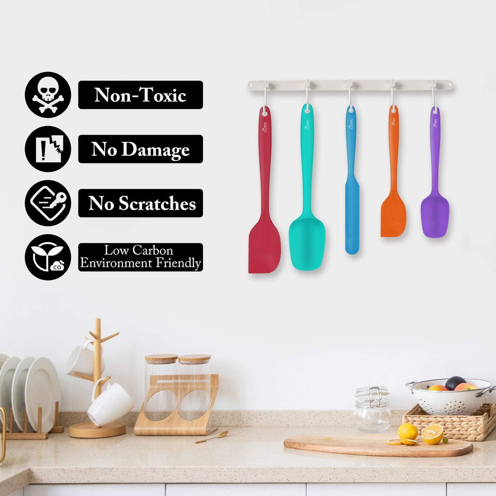 HOTEC Heat Resistant 600℉ Food Grade Silicone Rubber Spatula Set for Baking, Cooking, and Mixing Non Stick Dishwasher Safe BPA-Free Multicolor Set of 5