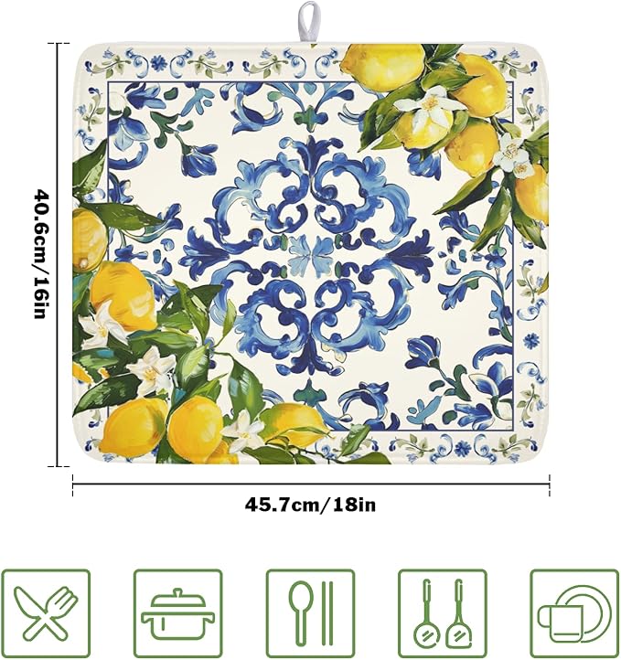Lemon Dish Drying Mat 18x16 Inch, Italian Olive Tree Dish Drainer Mats Summer - Image 2