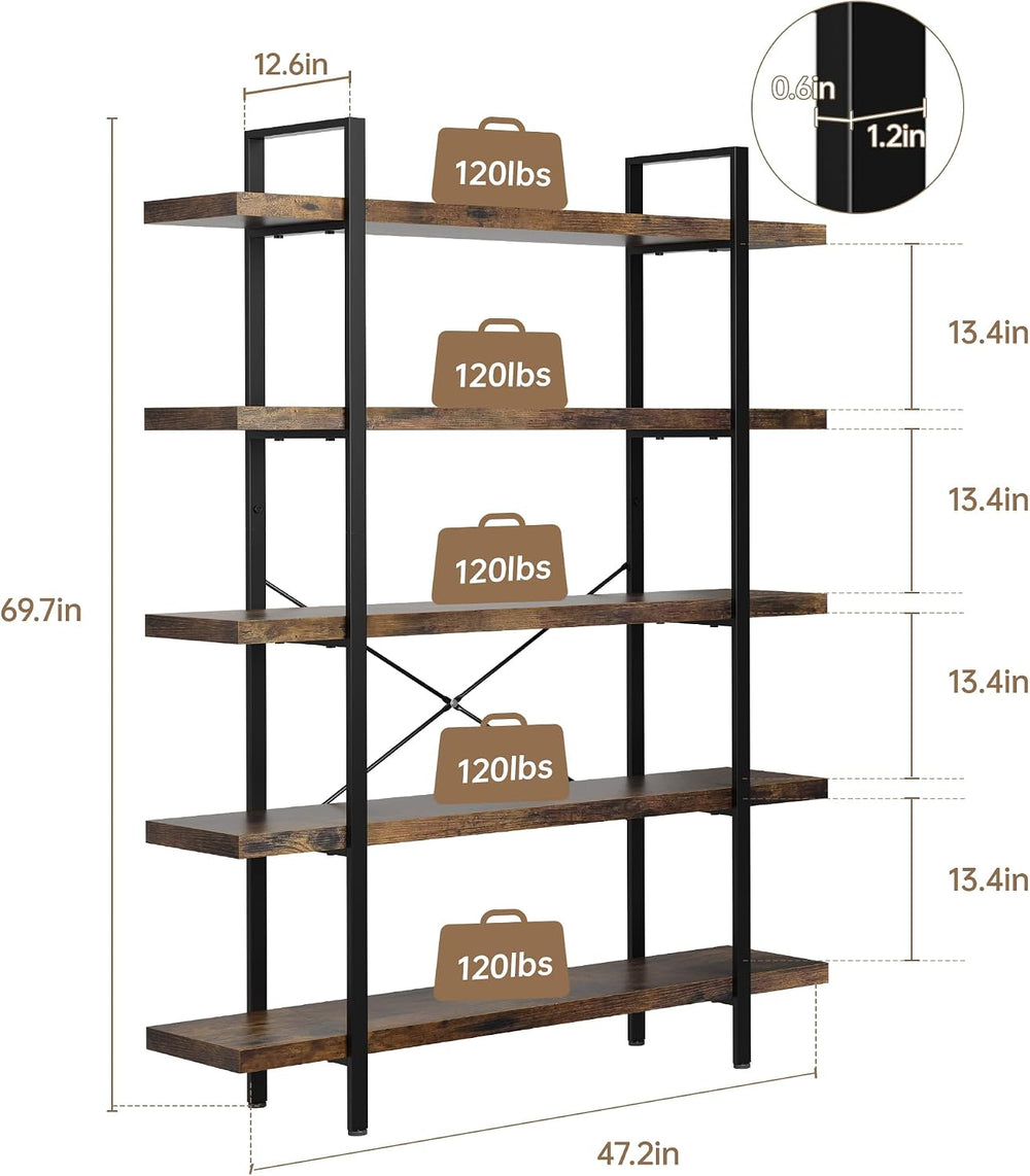 2PCS Heavy Duty 5 Tier Industrial Bookcase for Home Office, Rustic Brown | 47...