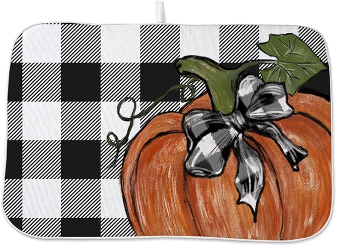 Fall Dish Drying Mat 18 x 24 Inch Thanksgiving Buffalo Plaid Pumpkin Drying Mat by Sorktse