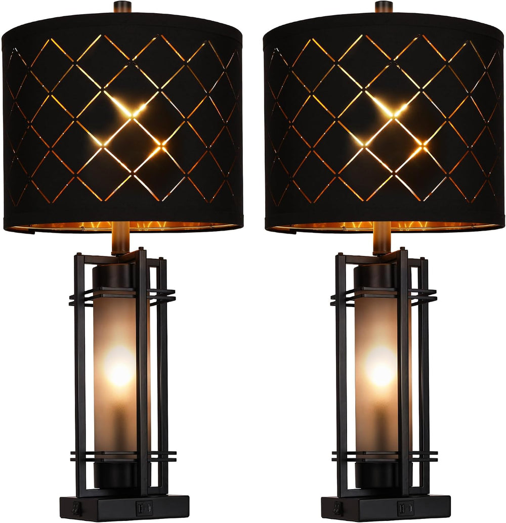 27'' Modern Table Lamp Set of 2 with Nightlight, Metal Bedside Lamps