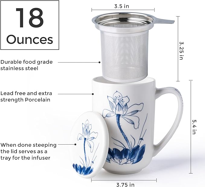 AmorArc Porcelain Tea Mug with Infuser and Lids, 18 Oz Large Cup Strainer with - Image 3