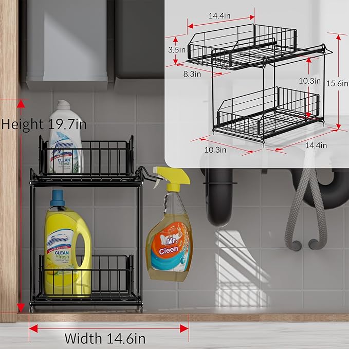 SUEH DESIGN Under Sink Organizers and Storage, 2 Tier Metal Under Sink Storage - Image 2