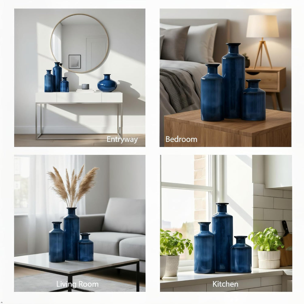 Mowtanco Blue Ceramic Vases Home Decor, 3 Small Modern Farmhouse Vases