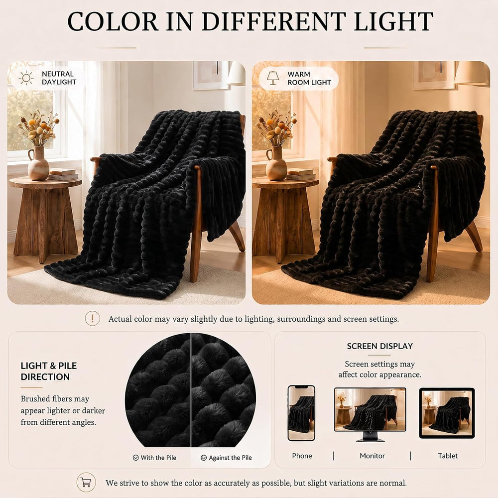 HIMEET Black King Size Blanket for Bed, 300GSM Ribbed Fleece, 108 x 90 in