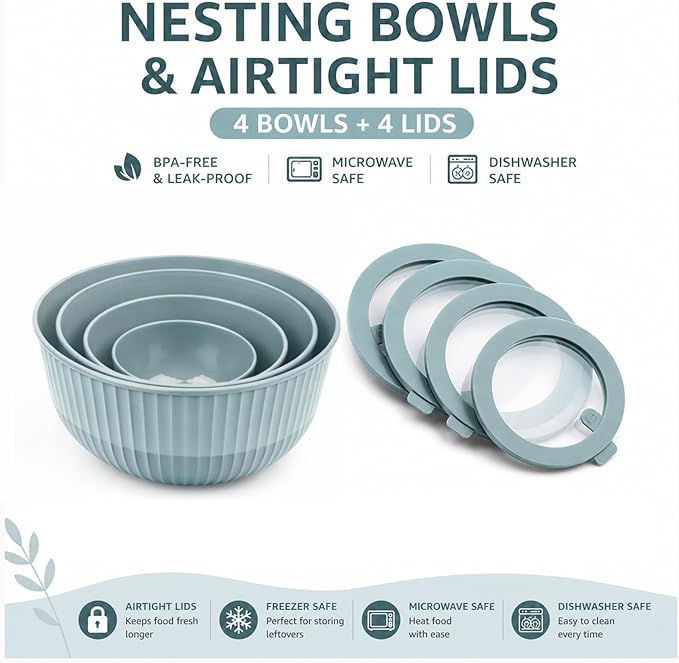 Mixing Bowls with Lids, 8-Piece Airtight Leak-Proof Nesting BPA-Free Bowl Set - Image 2