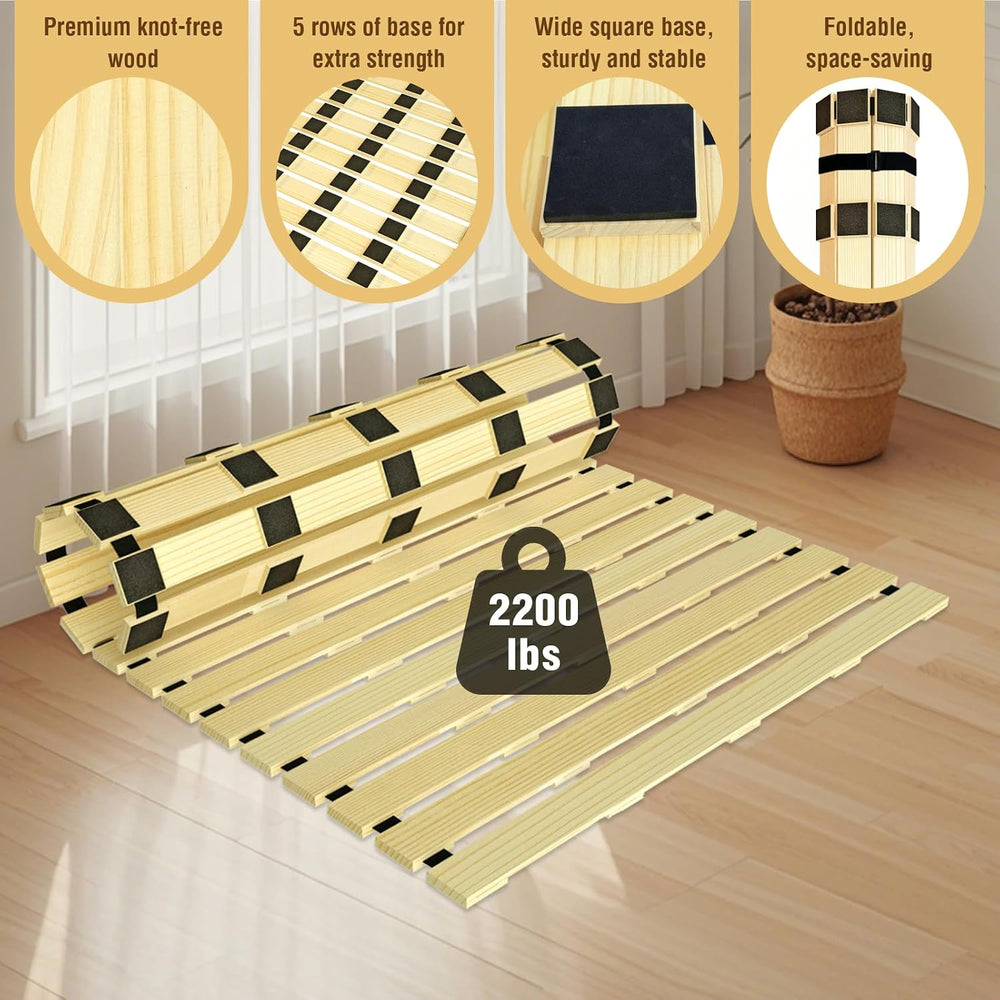 Japanese Tatami Mat Floor Bed, Knotless Solid Wood, Roll-Up Slatted Bed Plate...