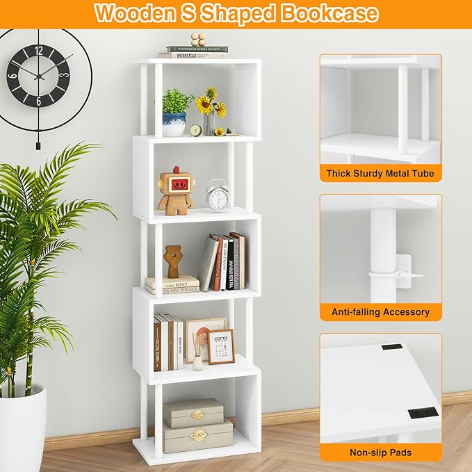 IBUYKE 6-Tier Tall Bookshelf,S-Shaped Geometric Bookcase, Wood Display Shelve...