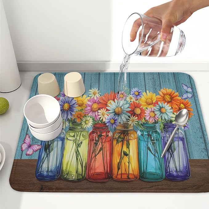 Vintage Floral Dish Drying Mat for Kitchen Counter Rustic Flower Vases Wooden - Image 6